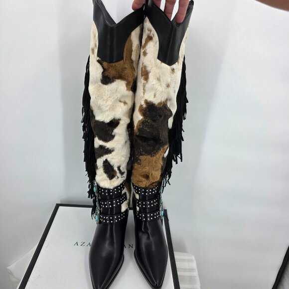 AZALEA WANG Gwayne Cow Print Knee High Fringed Western Boot Buckles 7-11 NWT - Picture 12 of 15